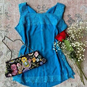 Embroidered Blue Sleeveless Top